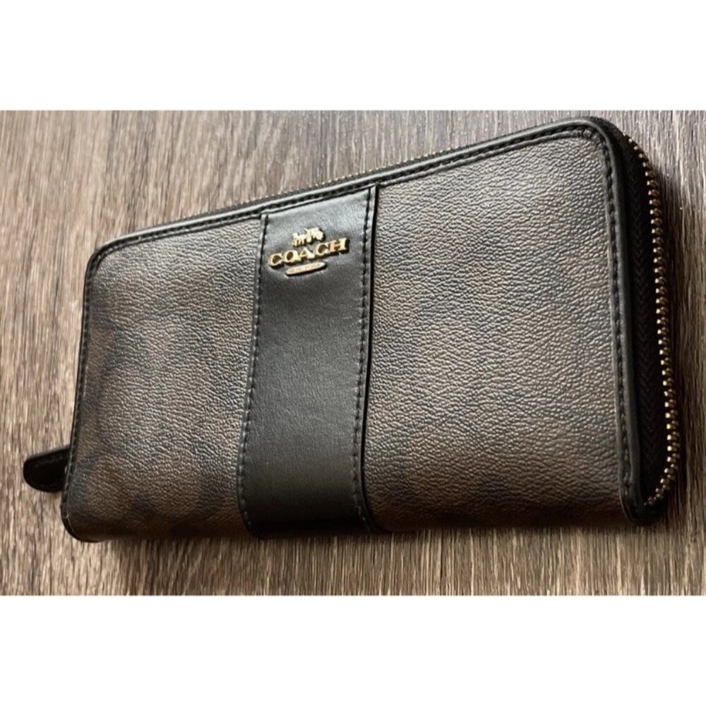Coach Long Zip Around Wallet In Signature Canvas Brown Black Gold Tone Hardware - Picture 3 of 16